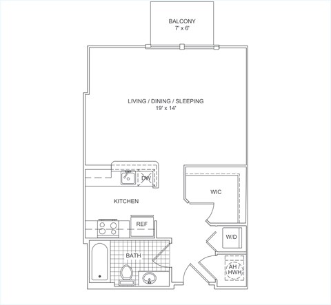 Floor plan for studio, 1 bath, 565 sqft